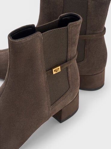 Georgina Suede Tapered Square-Toe Ankle Boots, Dark Brown Textured, hi-res
