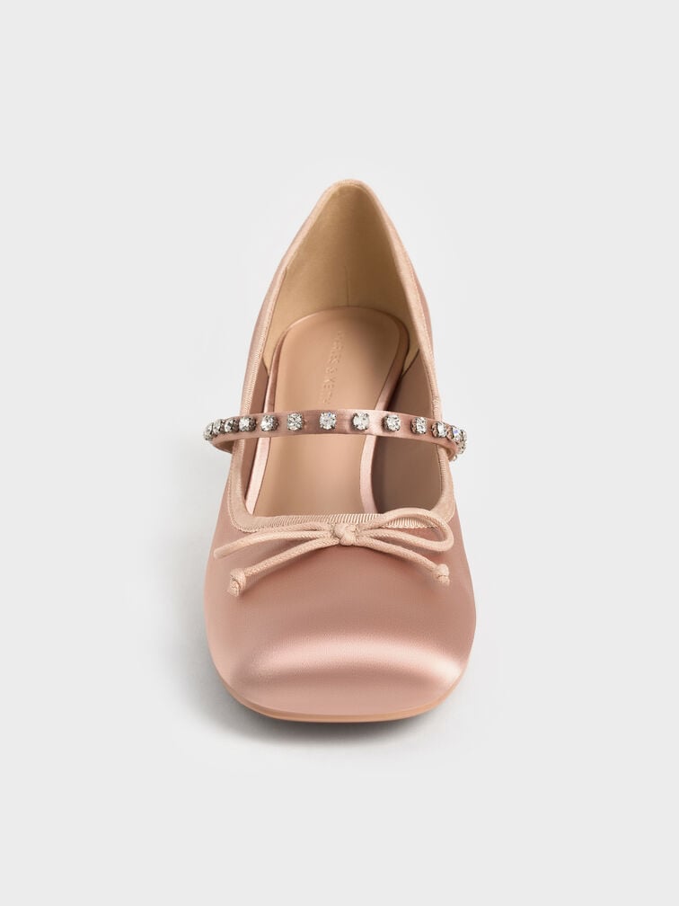 Satin Gem-Embellished Bow Mary Jane Pumps, Nude, hi-res
