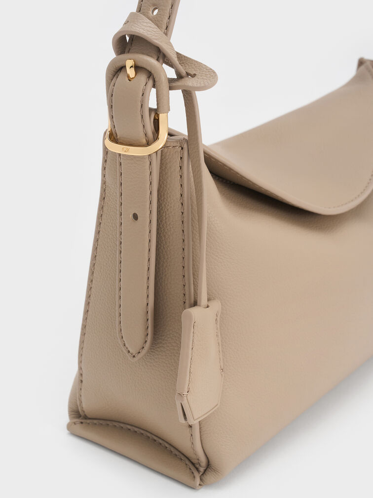 Leather Top-Flap Hobo Bag, Taupe, hi-res