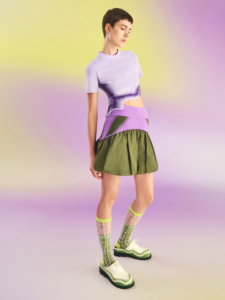 Recycled Polyester Knitted Gradient Wave-Hem Crop Top, Lilac, hi-res