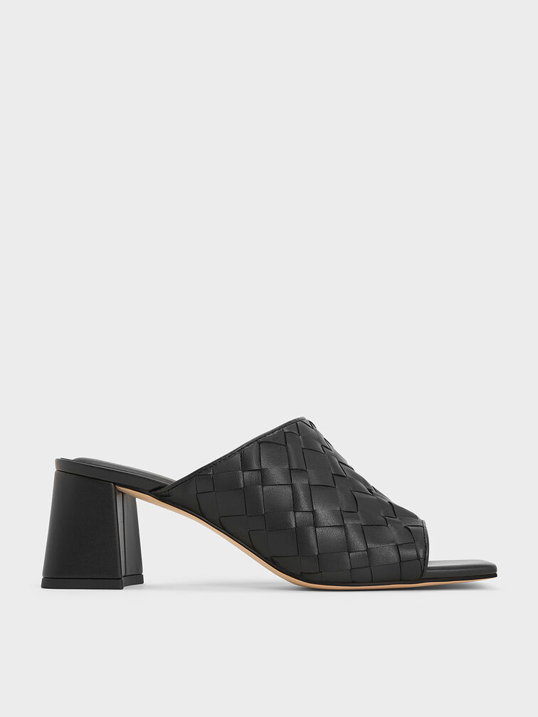 Ivette Woven Square-Toe Heeled Mules, Black, hi-res