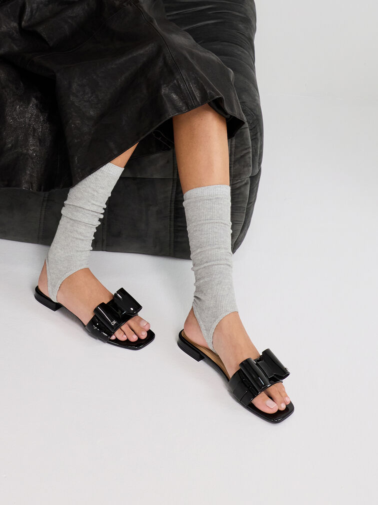 Lu Patent Leather Bow Slide Sandals, Black Patent, hi-res