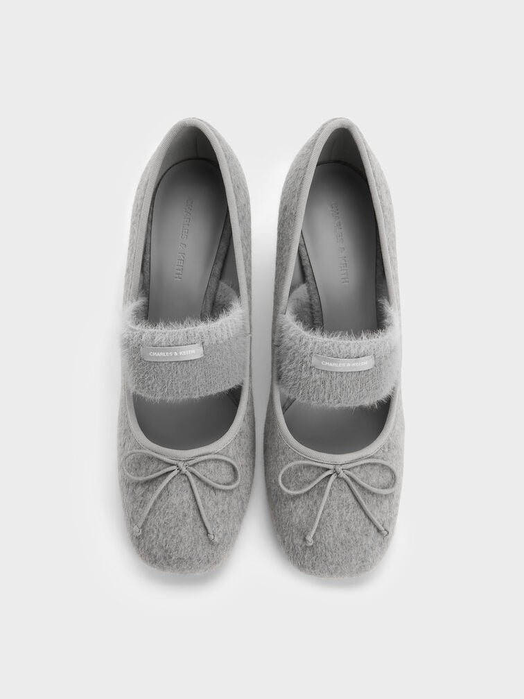 Winona Felt Bow Furry-Strap Mary Jane Pumps, Light Grey, hi-res