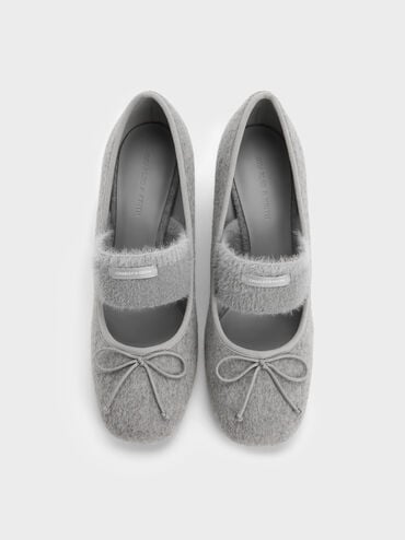 Winona Felt Bow Furry-Strap Mary Jane Pumps, Light Grey, hi-res
