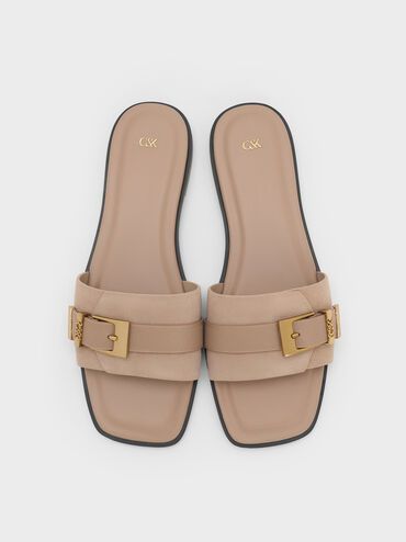 Whitney Suede & Leather Buckled Square-Toe Slide Sandals, Taupe, hi-res