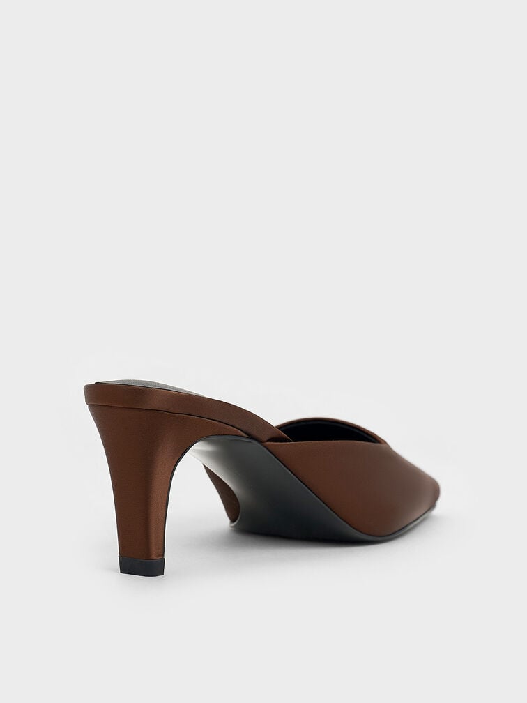 Satin Square-Toe Blade-Heel Mules, Dark Brown, hi-res