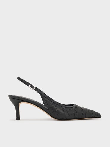 Ivette Woven Pointed-Toe Slingback Pumps, Black, hi-res