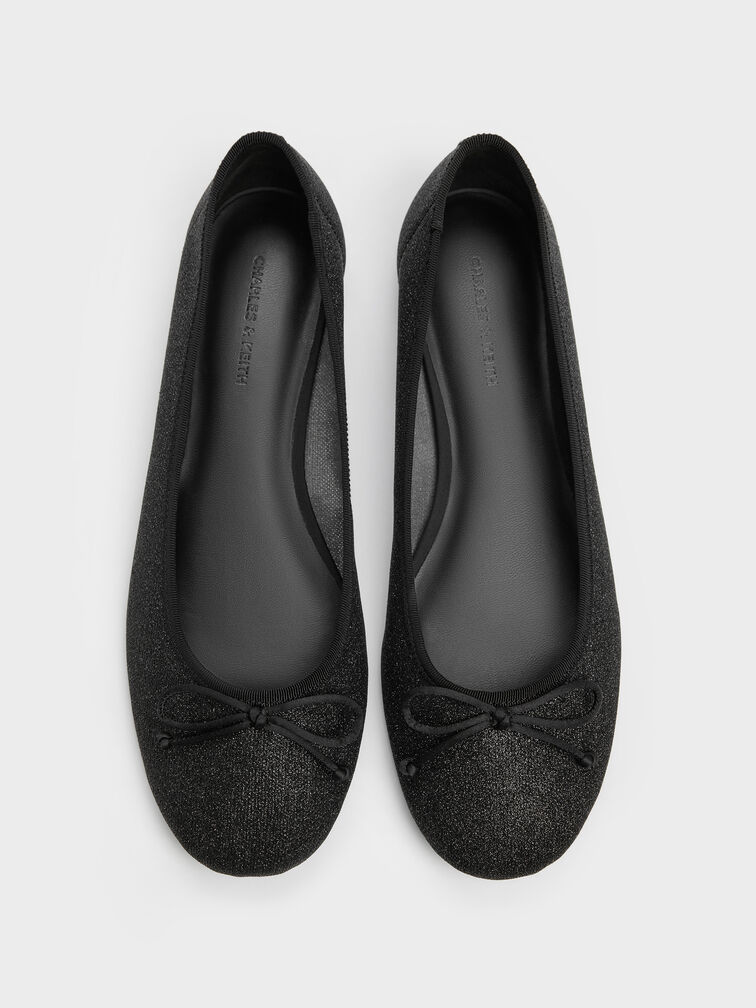 Glittered Mesh Bow Ballet Flats, Black Textured, hi-res