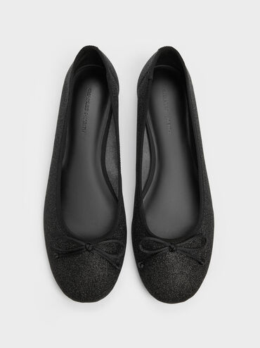 Glittered Mesh Bow Ballet Flats, Black Textured, hi-res