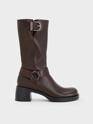 Kirke Buckled Mid-Calf Biker Boots, Dark Brown, hi-res