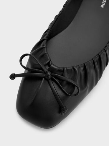 Ruched Bow Ballet Flats, Black, hi-res