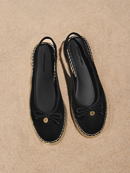 Faux Suede Bow Slingback Espadrilles, Black Textured, hi-res
