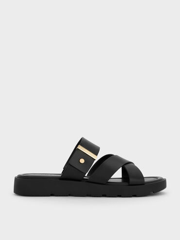 Metallic-Accent Crossover-Strap Slide Sandals, Black, hi-res