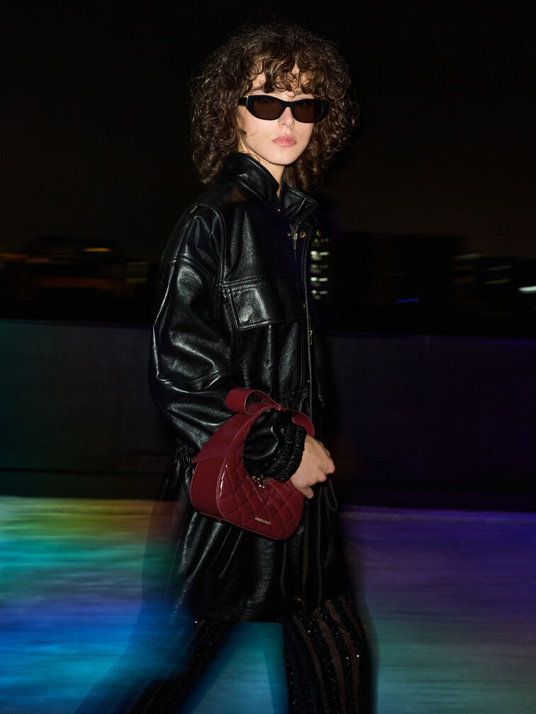 Janie Quilted Bow-Handle Crescent Bag, Burgundy, hi-res