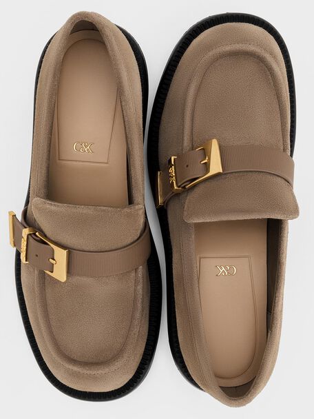 Leather & Suede Buckled-Strap Loafers, Taupe, hi-res