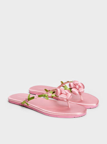Puffy Flower Thong Sandals, Pink, hi-res