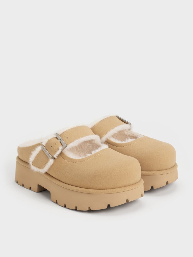 Bergen Textured Fur-Trim Buckled Platform Mules, Sand, hi-res