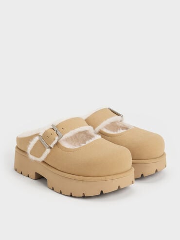 Bergen Textured Fur-Trim Buckled Platform Mules, Sand, hi-res
