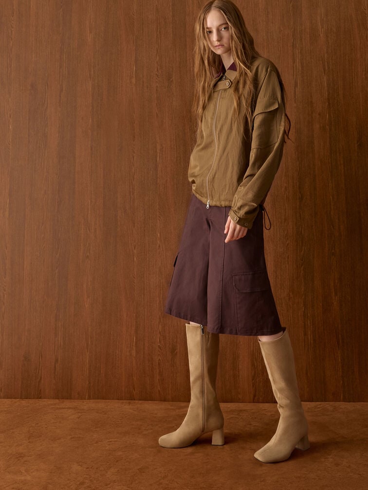 Faux Suede Square-Toe Knee-High Boots, Sand, hi-res