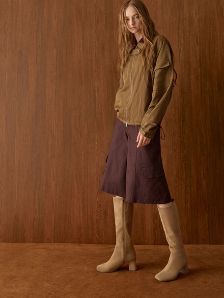 Faux Suede Square-Toe Knee-High Boots, Sand, hi-res