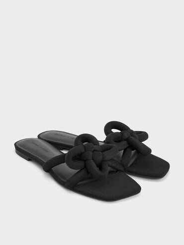 Clover-Knot Slide Sandals, Black Textured, hi-res