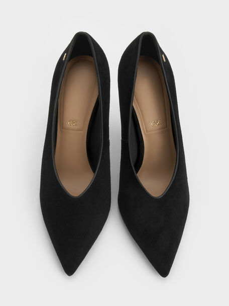 Leather & Suede Pointed Pumps, Black Textured, hi-res