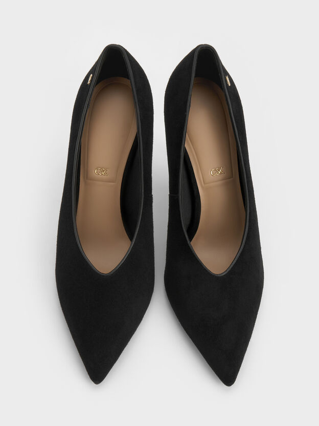 Leather & Suede Pointed Pumps, Black Textured, hi-res