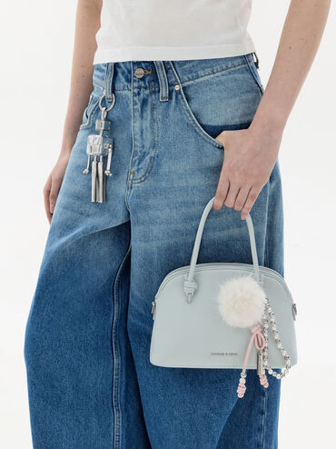 Pearl Beaded-Strap Furry Ball Charm, Cream, hi-res