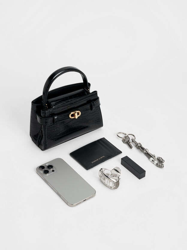 Aubrielle Croc-Effect Belted Top Handle Bag, Black, hi-res