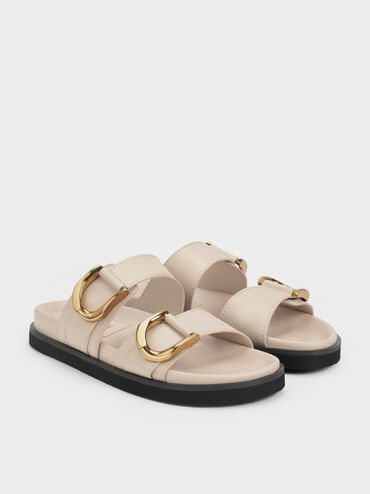Gabine Gold-Buckle Leather Slides, Oat, hi-res