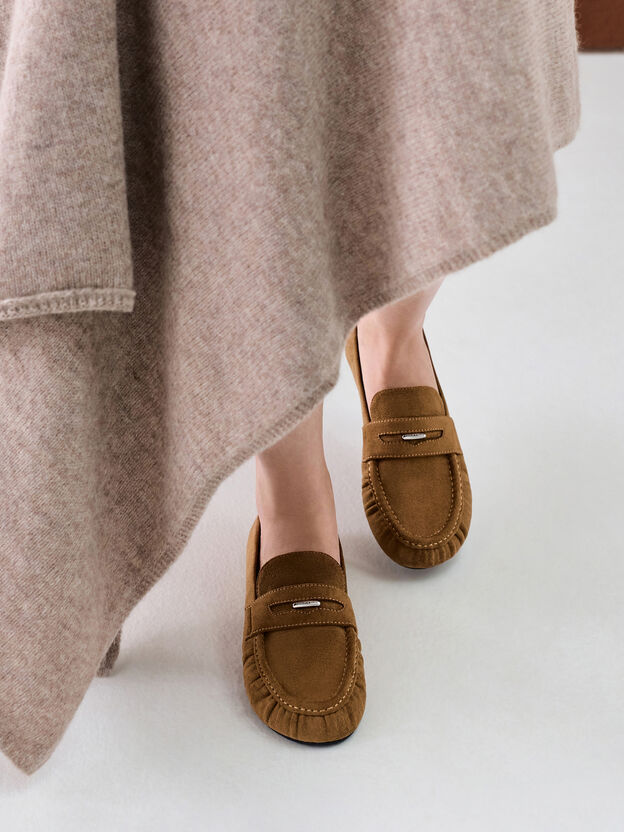 Faux Suede Ruched Penny Loafers, Cognac, hi-res