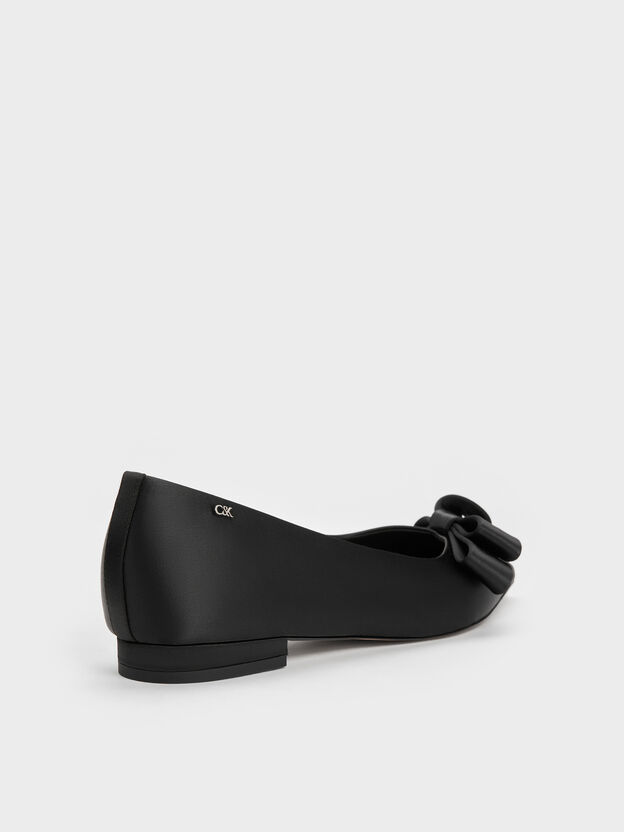 Pleated-Bow Pointed Ballet Flats, Black Textured, hi-res