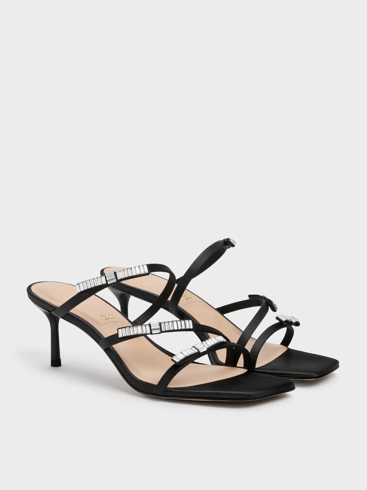 Jessy Gem-Bow Heeled Sandals, Black Textured, hi-res
