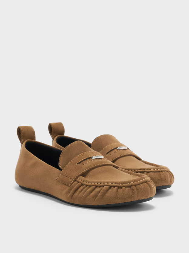 Faux Suede Ruched Penny Loafers, Cognac, hi-res
