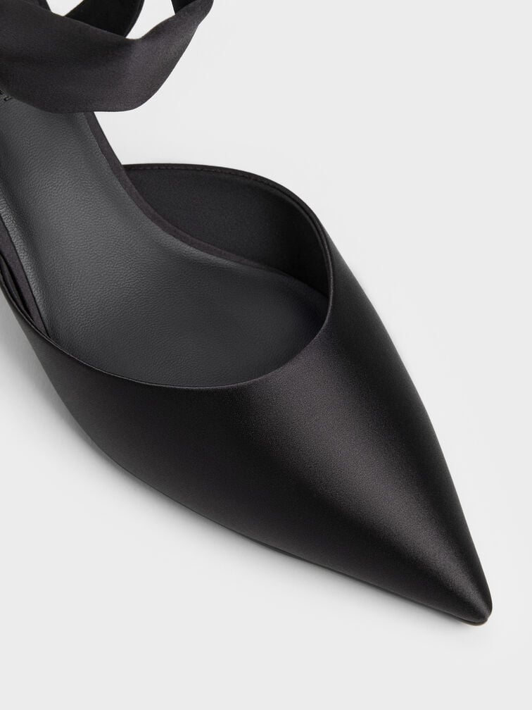 Satin Tie-Around Pointed Kitten Heels, Black Textured, hi-res