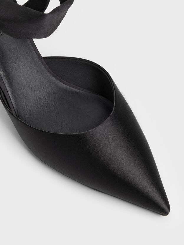 Satin Tie-Around Pointed Kitten Heels, Black Textured, hi-res