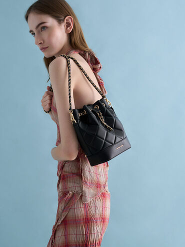 Julia Quilted Two-Way Bucket Bag, Black, hi-res