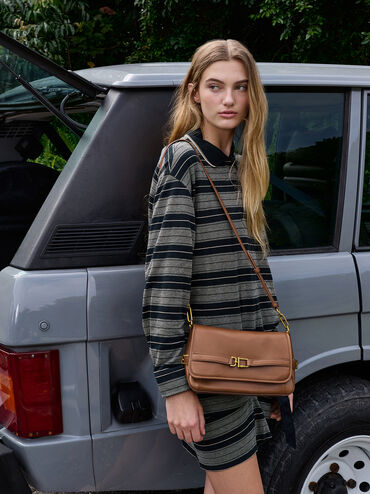 Gwynne Metallic-Buckle Belted Shoulder Bag, Chocolate, hi-res