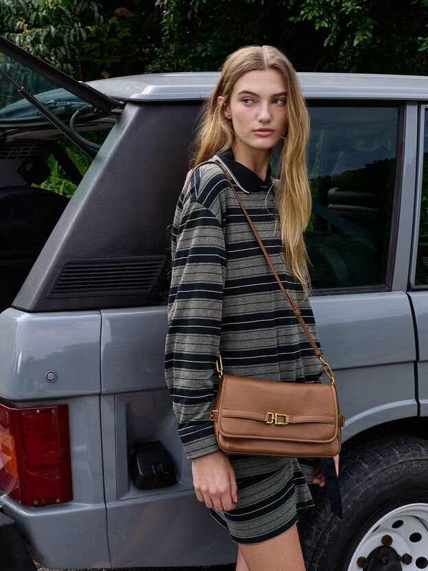 Gwynne Metallic-Buckle Belted Shoulder Bag, Chocolate, hi-res
