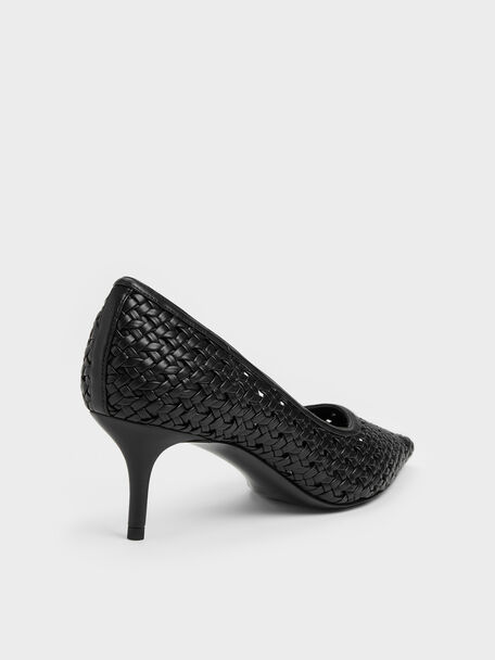 Woven Pointed Stiletto Pumps, Black, hi-res
