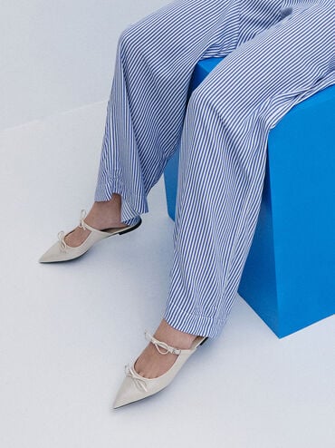 Double-Bow Pointed-Toe Mules, White, hi-res