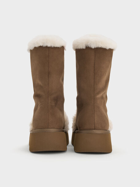 Faux Suede & Faux Fur Flatform Boots, Brown, hi-res
