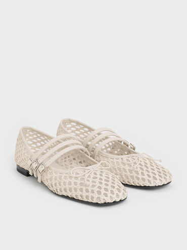 Woven Triple-Strap Mary Janes, Chalk, hi-res