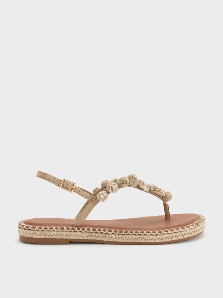 Faux Suede Flower Espadrille Thong Sandals, Sand, hi-res