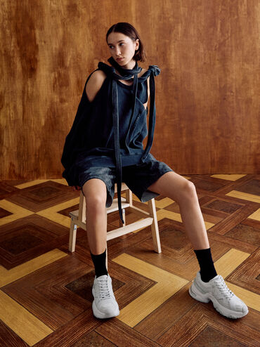 Mesh Contrast-Trim Chunky Sneakers, White, hi-res