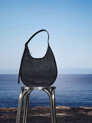 Mesh Crescent Hobo Bag, Jet Black, hi-res