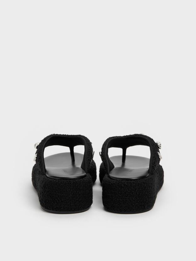 Tweed Beach Flatform Thong Sandals, Black Textured, hi-res
