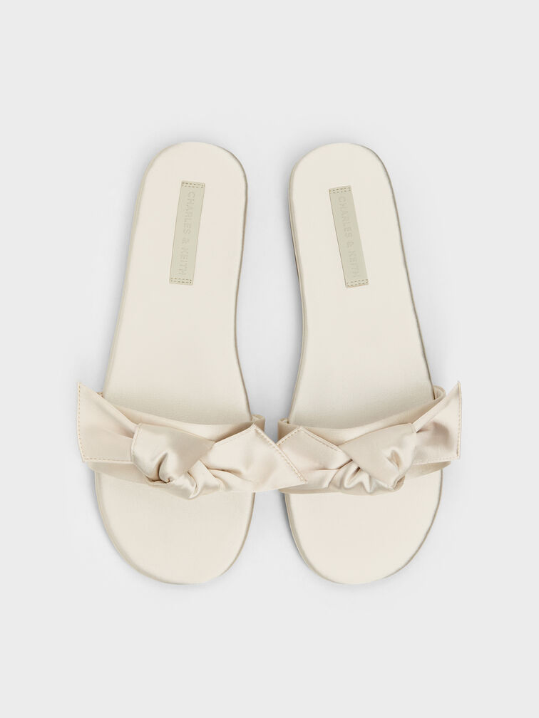 Anika Satin Knot-Bow Slide Sandals, Chalk, hi-res