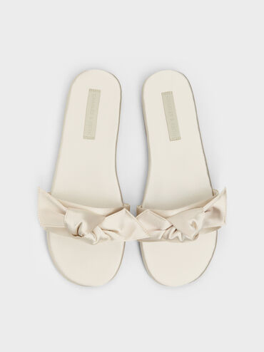 Anika Satin Knot-Bow Slide Sandals, Chalk, hi-res