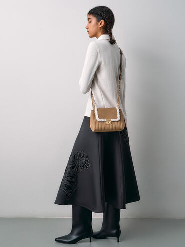 Donna Faux Suede Fur-Trim Shoulder Bag, Tan, hi-res